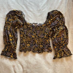 Topshop Floral Puff Sleeve Top - Black and Yellow